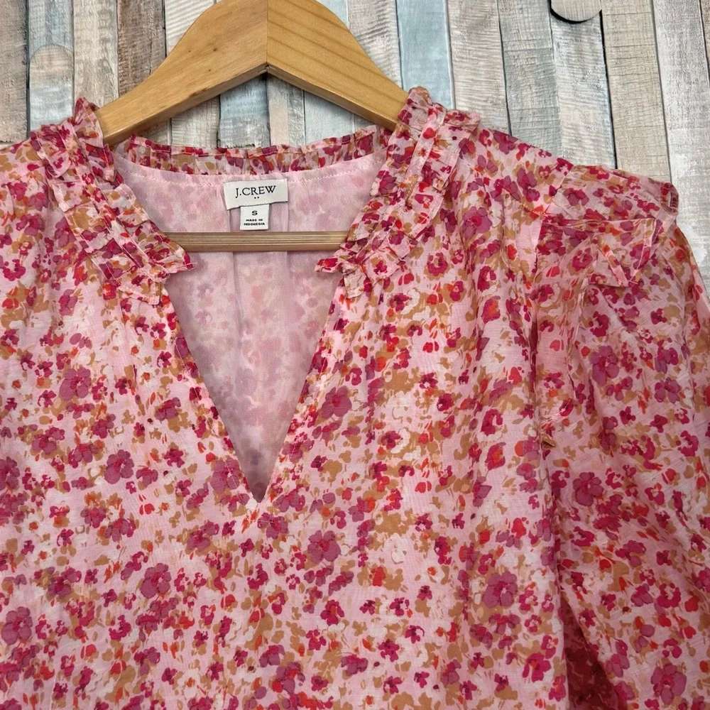 J Crew S Ruffle Collar Top Blouse Pink Ditsy Floral Print Easter Spring Feminine